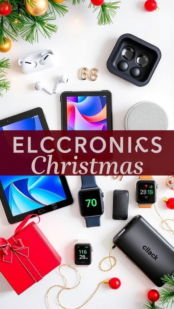 A collection of top electronic gifts for Christmas, featuring earbuds, a smart speaker, a tablet, a smartwatch, and a streaming device, surrounded by holiday decor.